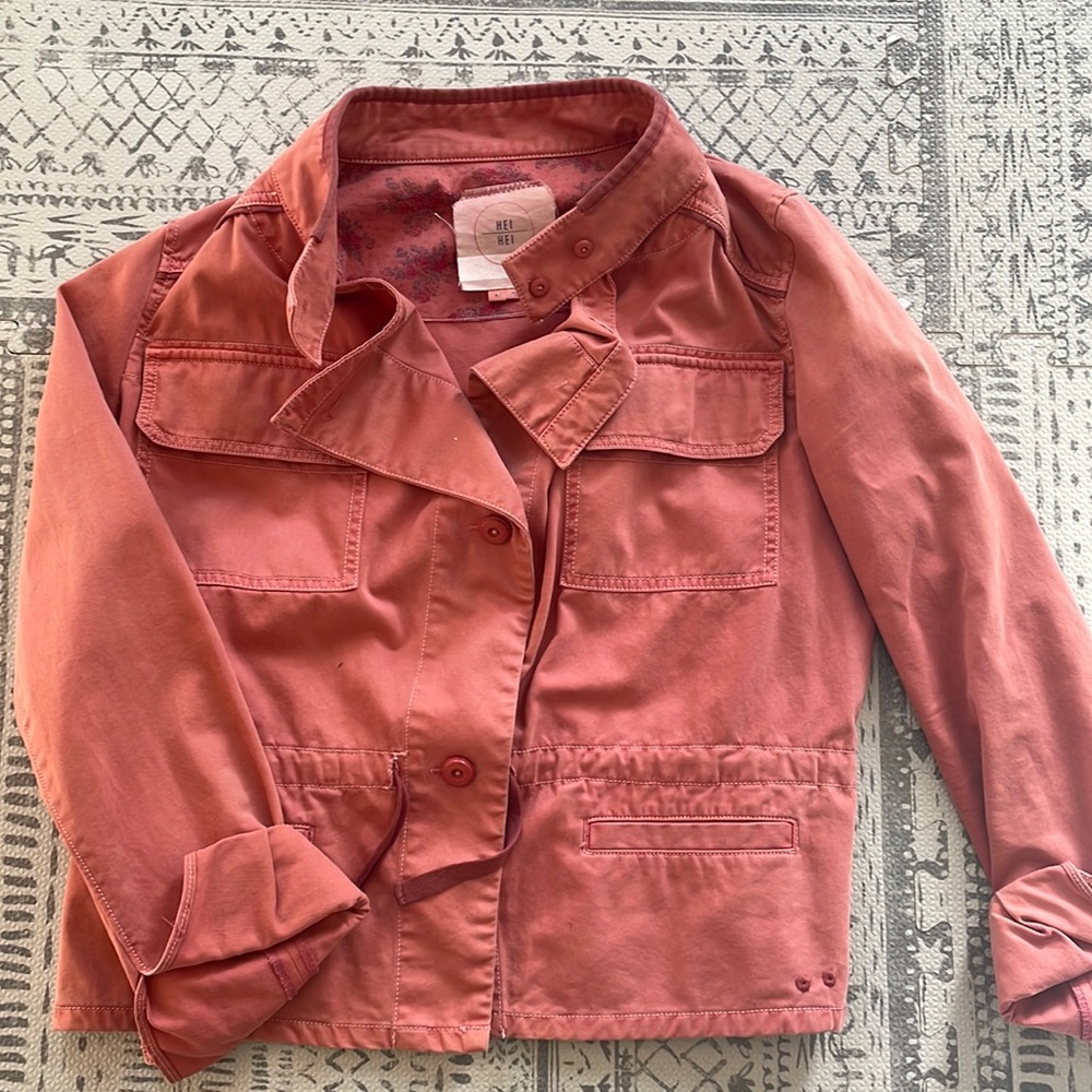 Anthropologie Hei Hei Women's Peach Cargo Military Jacket Denim Utility Pockets